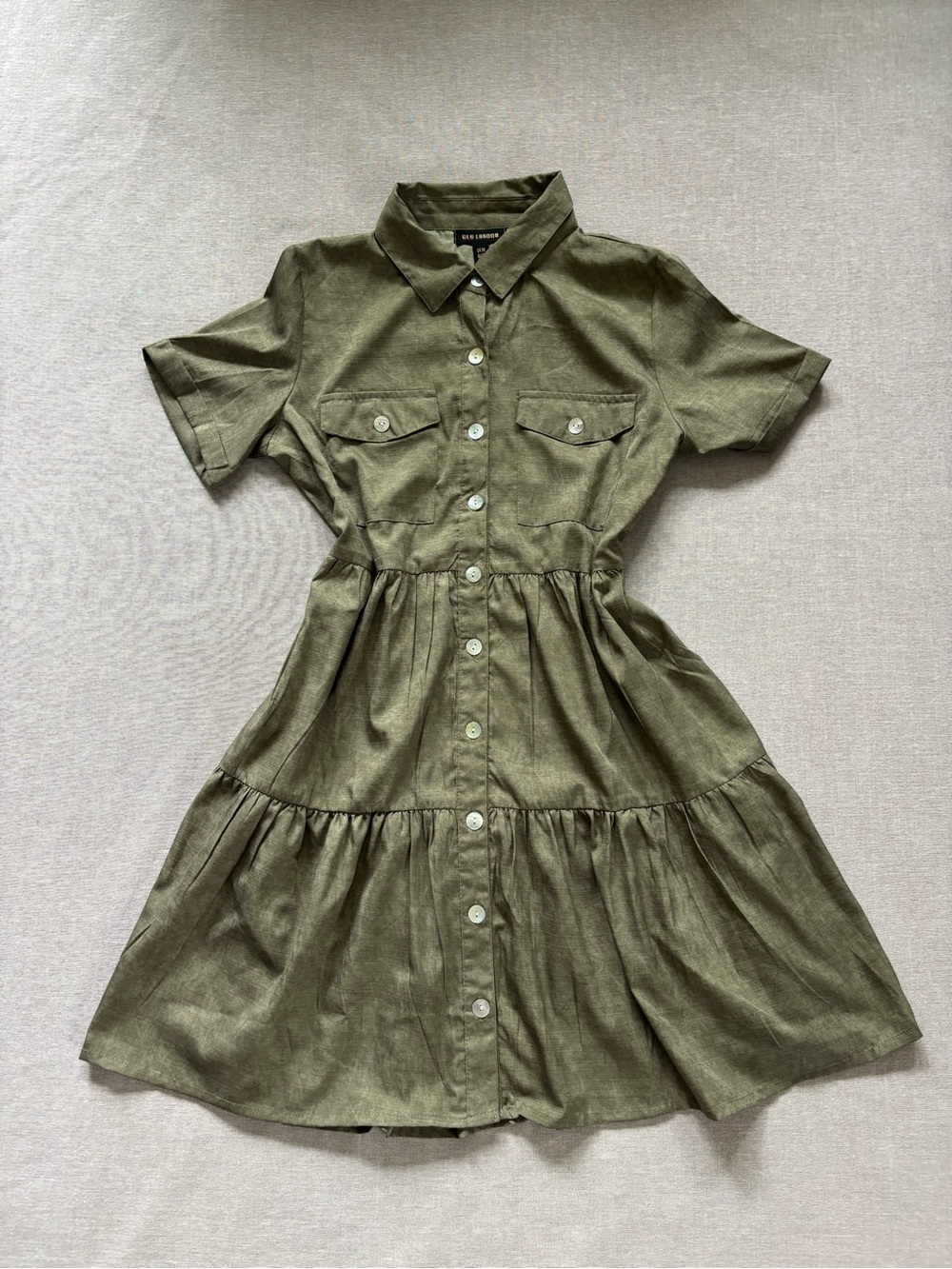 QED London olive green button down tiered ruffle dress.